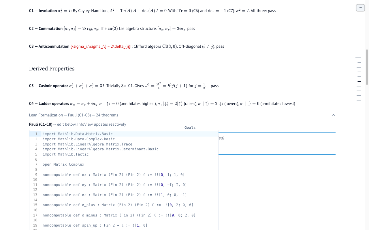 Lean 4 formalization of Pauli matrices with Mathlib imports and InfoView panel in a Marimo notebook